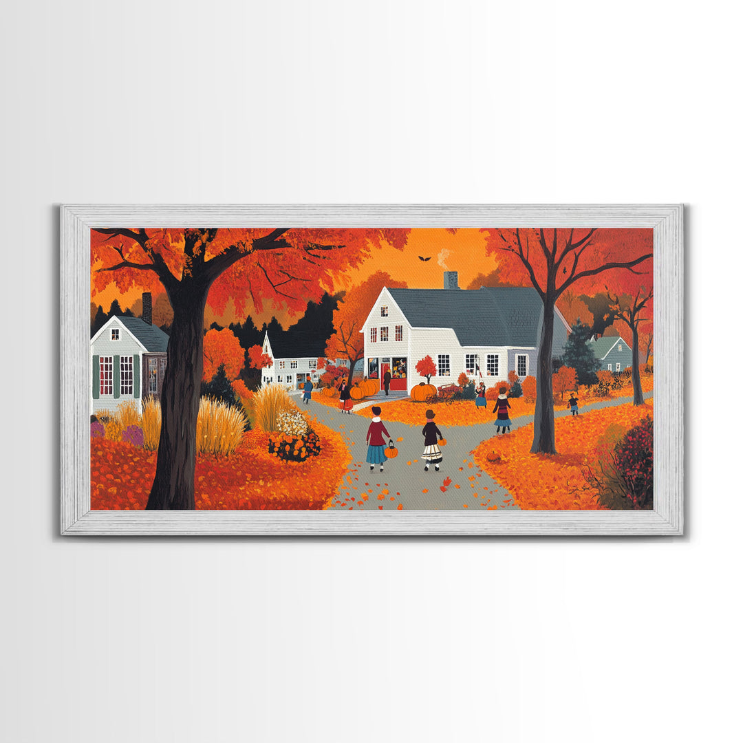 Autumn Vintage Village Canvas Print with Fall Foliage, Seasonal Farmhouse Art, Framed Wall Decor Gift, Best Gift Idea