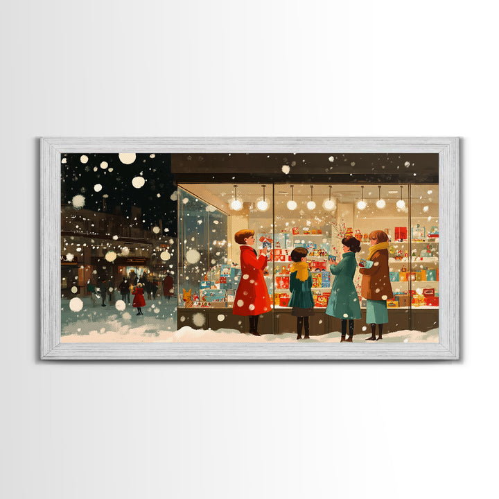 Christmas Window Shopping Scene Framed Canvas Print, Nostalgic Winter Holiday Wall Art Decor, Best Christmas Gift Idea, City Christmas Decor