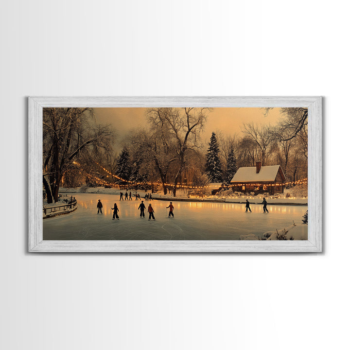 Winter Wonderland Ice Skating Framed Canvas Print, Rustic Christmas Art, Holiday Scene Wall Decor, Best Christmas Gift, Winter Landscape Art