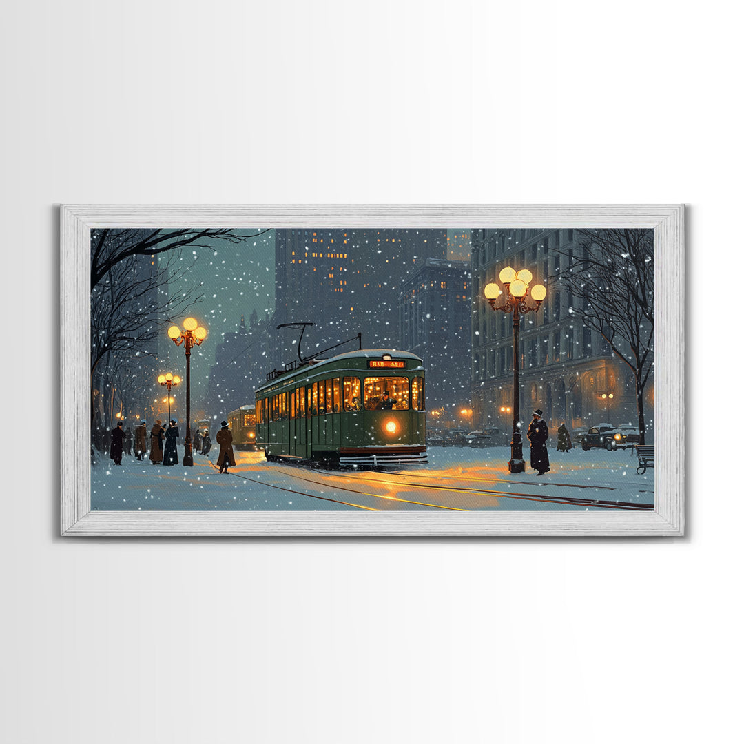 Vintage Christmas Street Scene Framed Canvas Print, City Tram Holiday Art, Christmas Wall Art Gift Idea, Holiday Season Decor, Wall Decor