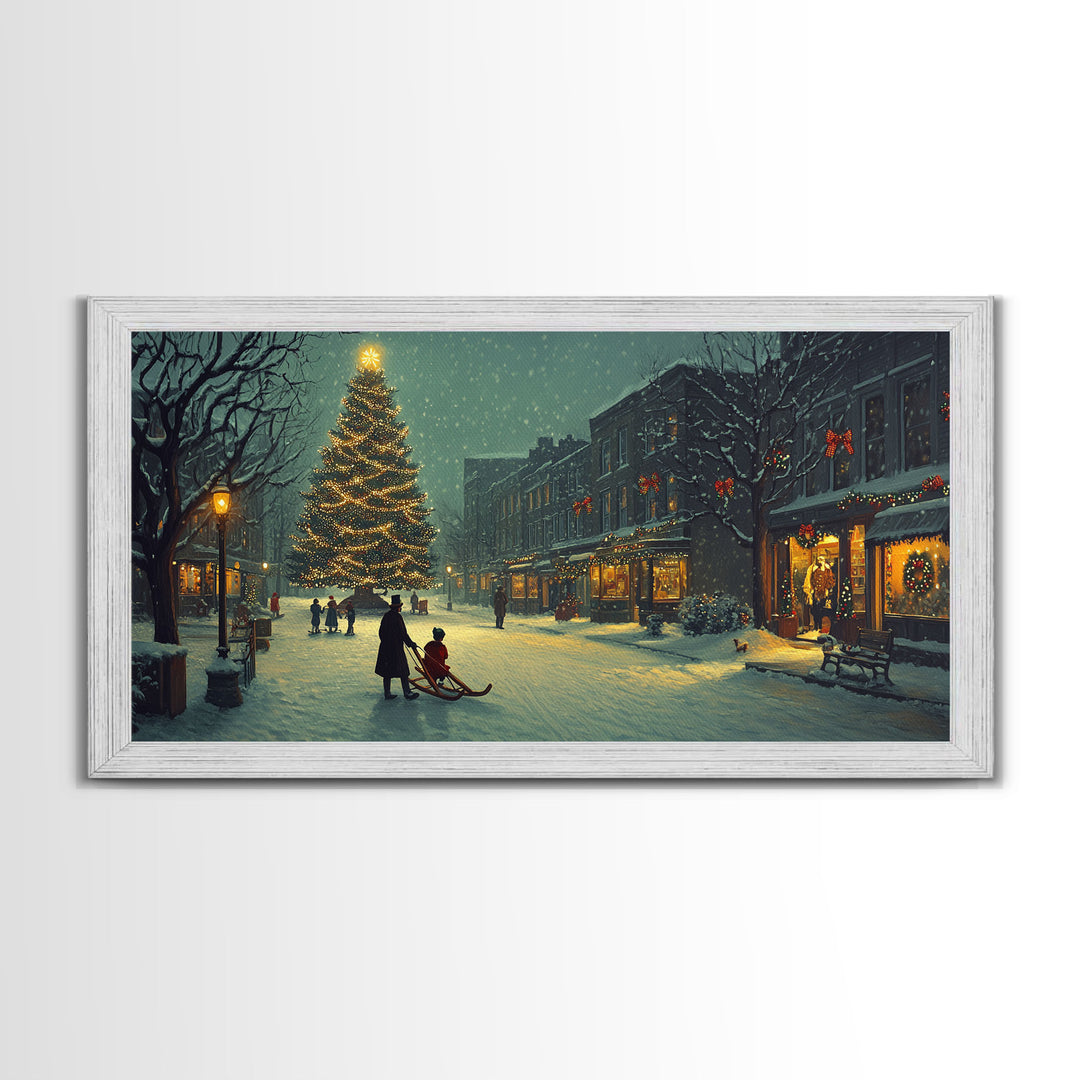 Christmas Village Tree Lighting Framed Canvas Print, Nostalgic Winter Holiday Art, Vintage Wall Art Scene, Best Gift Idea Christmas Decor