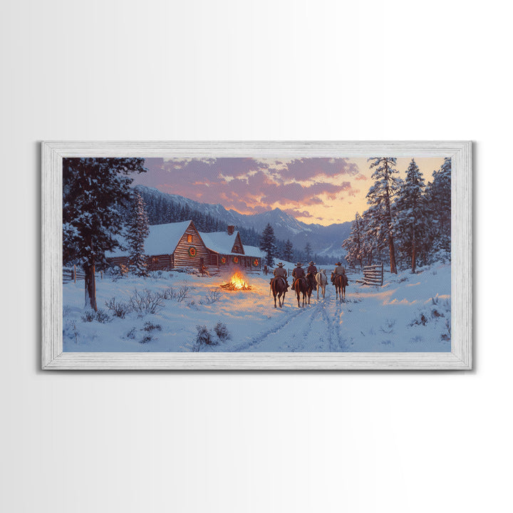 Cowboys and Log Cabin Winter Christmas Framed Canvas Print, Rustic Mountain Holiday Scene Art, Best Christmas Gift Idea, Winter Decor