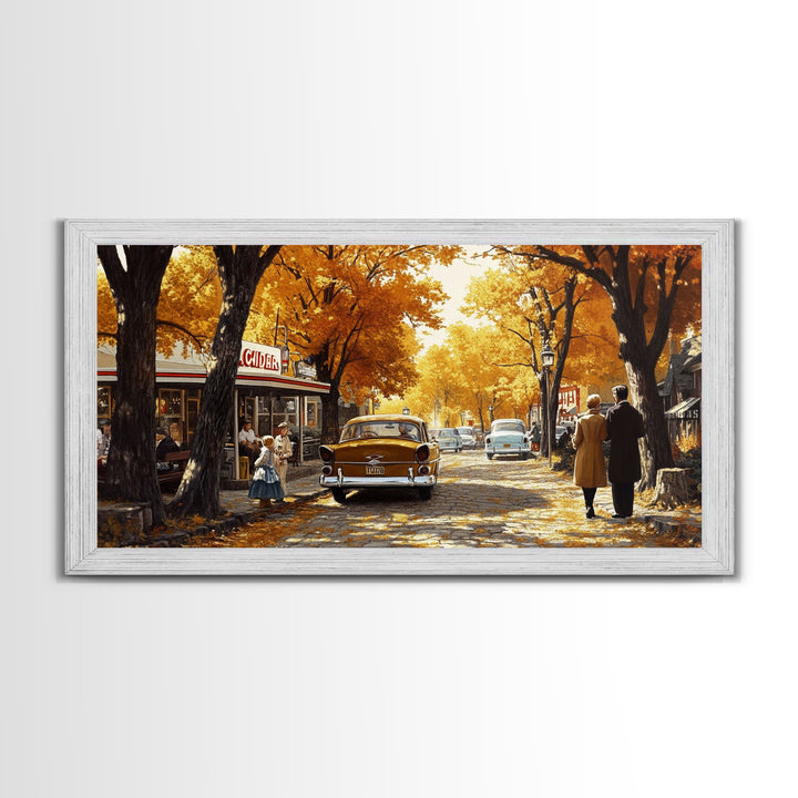 Retro Autumn Village Scene Framed Canvas Print, Cozy Fall Farmhouse Wall Art, Decor Gift Idea, Vintage Country Town Art, Best Fall Gift