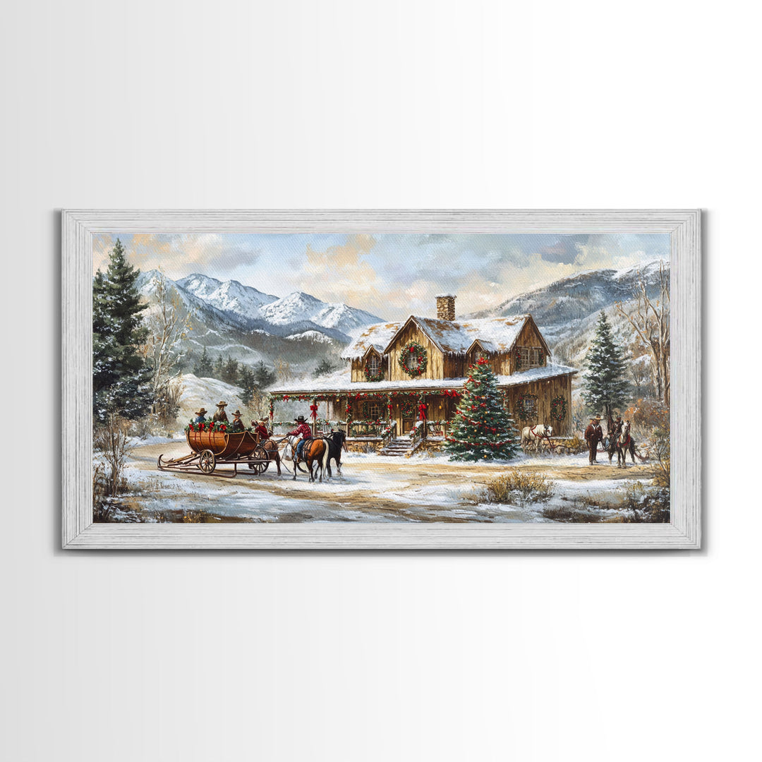 Mountain Log Cabin Christmas Framed Canvas Print, Rustic Holiday Winter Scene, Best Gift Christmas Wall Art, Vintage Holiday Decor Ideas