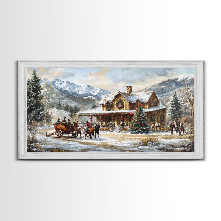 Mountain Log Cabin Christmas Framed Canvas Print, Rustic Holiday Winter Scene, Best Gift Christmas Wall Art, Vintage Holiday Decor Ideas