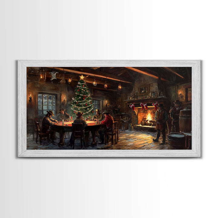 Rustic Cowboy Christmas Framed Canvas Print with Holiday Tree, Vintage Christmas Scene Art, Cozy Farmhouse Holiday Decor Gift Idea