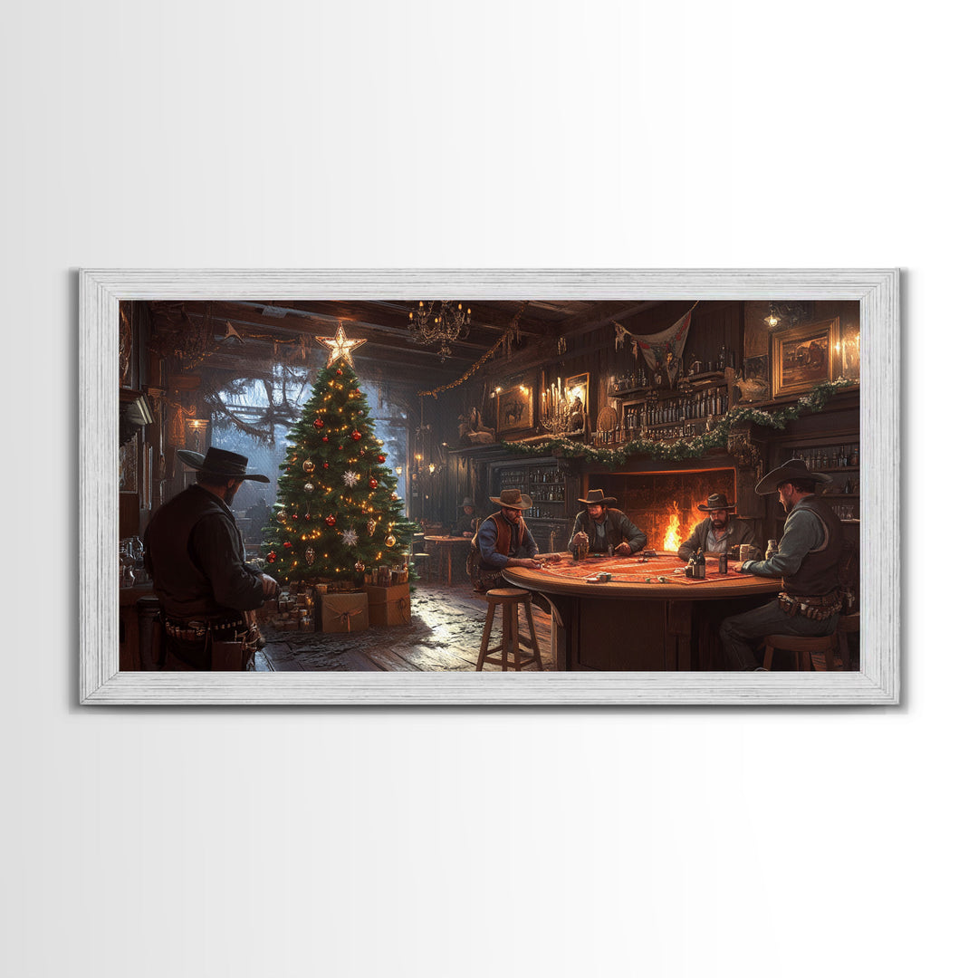 Western Saloon Christmas Framed Canvas Print, Rustic Holiday Decor with Cowboys and Christmas Tree, Best Gift Idea Seasonal Holiday Art