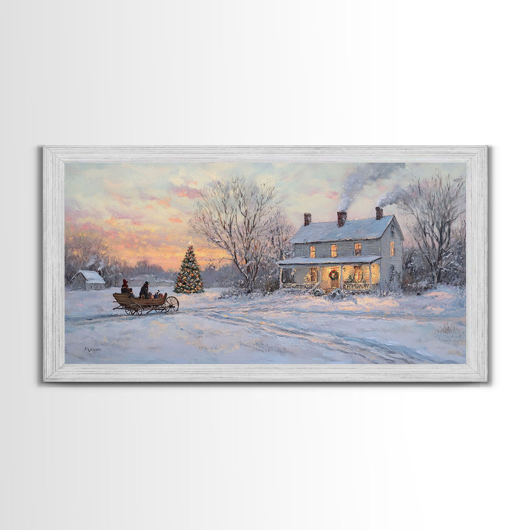 Horse Drawn Sleigh Ride Framed Canvas Print, Winter Wonderland Christmas Scene Art, Vintage Farmhouse Christmas Wall Art Gift Idea