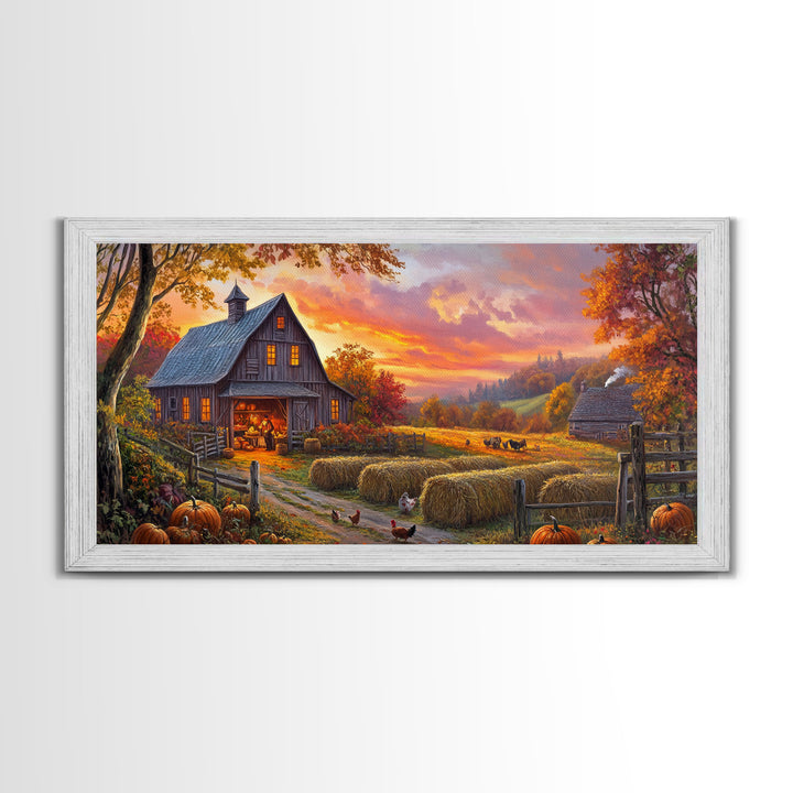 Cozy Barn at Sunset Framed Canvas Print, Fall Harvest Wall Art, Country Farmhouse Autumn Decor, Seasonal Gift Idea Best Fall Wall Art