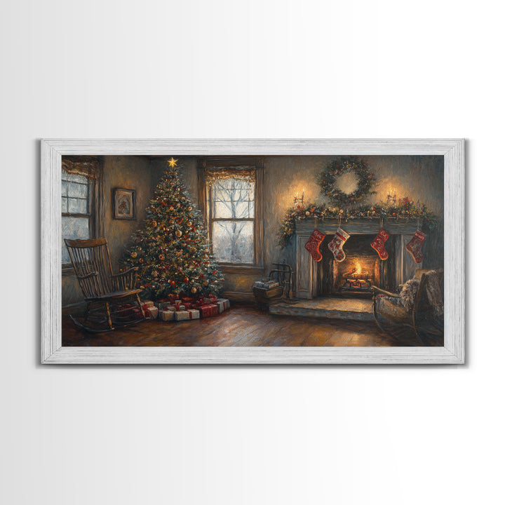 Traditional Christmas Living Room Framed Canvas Print with Tree and Stockings, Rustic Christmas Decor, Best Holiday Gift Wall Art