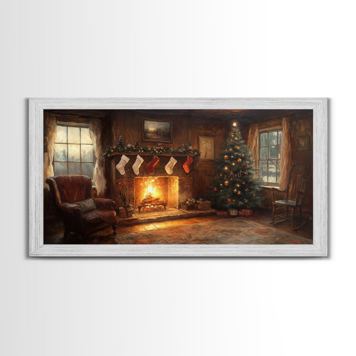 Vintage Christmas Living Room Framed Canvas Print with Fireplace and Stockings, Cozy Rustic Holiday Wall Art, Best Christmas Gift Idea