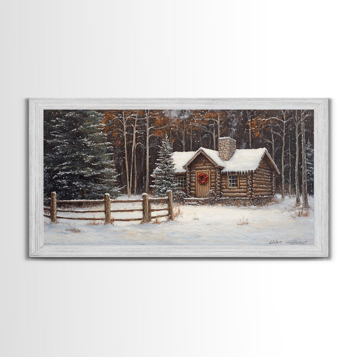 Snowy Log Cabin Christmas Framed Canvas Print, Rustic Winter Wonderland Art, Cozy Holiday Decor, Best Gift Christmas Wall Art