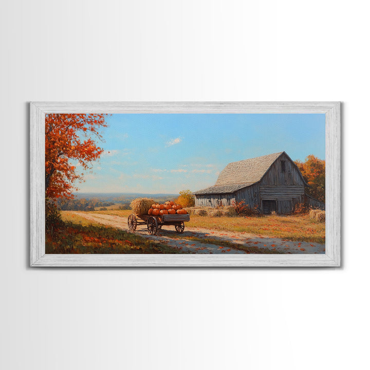 Rustic Barn with Pumpkins Framed Canvas Print, Cozy Fall Farmhouse Decor, Country Autumn Harvest Art, Seasonal Wall Art Gift Idea