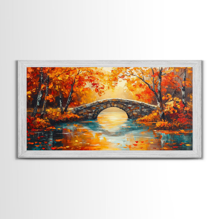 Stone Bridge in Autumn Framed Canvas Print, Colorful Fall Landscape Art, Seasonal Wall Decor, Best Gift Idea for Fall Farmhouse Decor