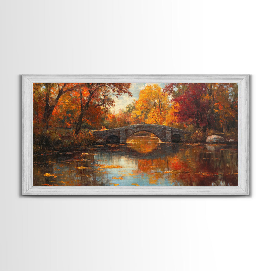 Scenic Autumn Bridge Framed Canvas Print, Cozy Fall Landscape Wall Art, Country Farmhouse Autumn Decor, Best Seasonal Gift Idea