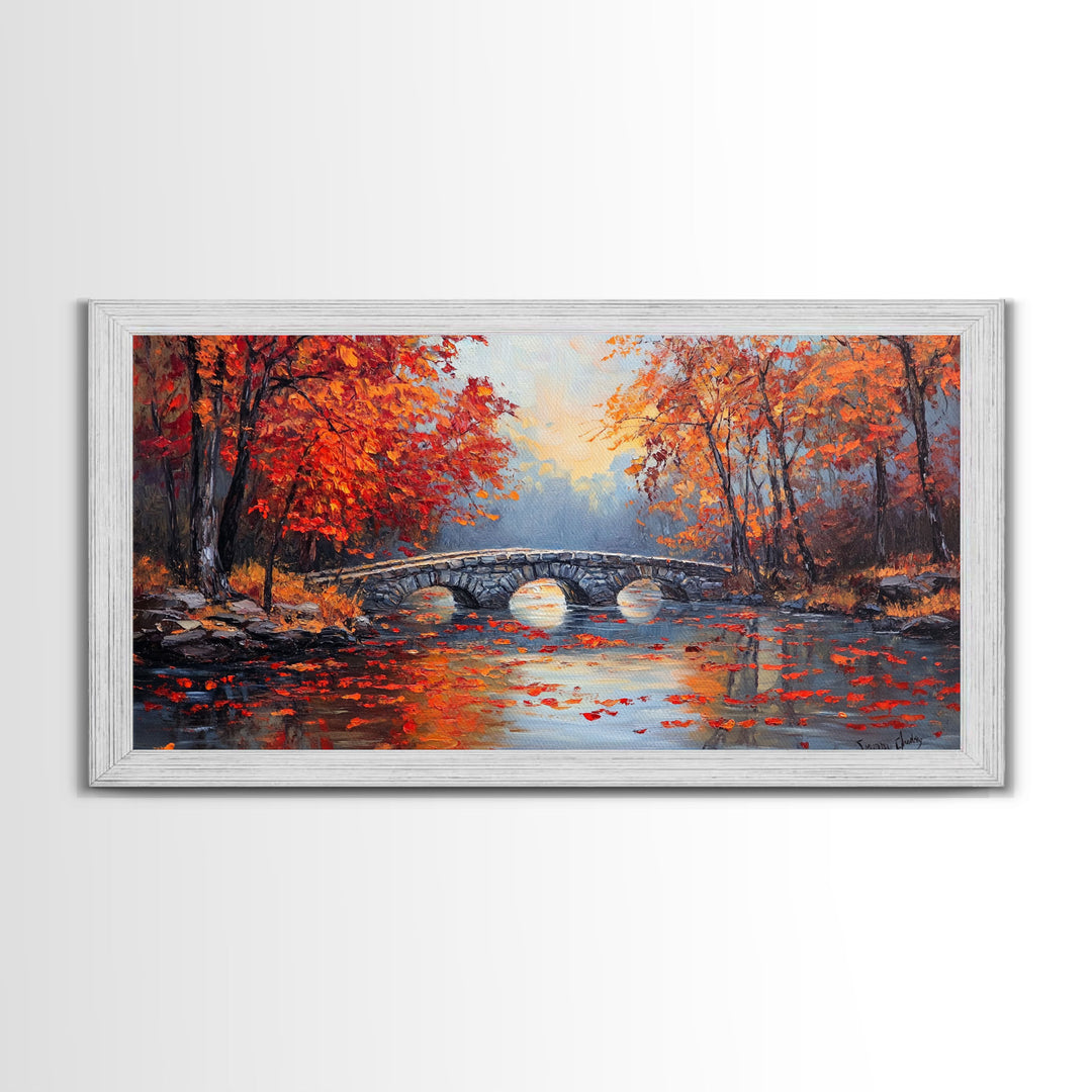 Autumn River Bridge Framed Canvas Print, Colorful Fall Landscape Wall Art, Cozy Seasonal Decor, Best Gift Idea for Farmhouse Wall Art