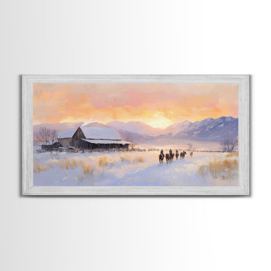 Snowy Farmhouse Sunset Framed Canvas Print, Winter Mountain Landscape Art, Rustic Country Christmas Decor, Best Winter Wall Art Gift