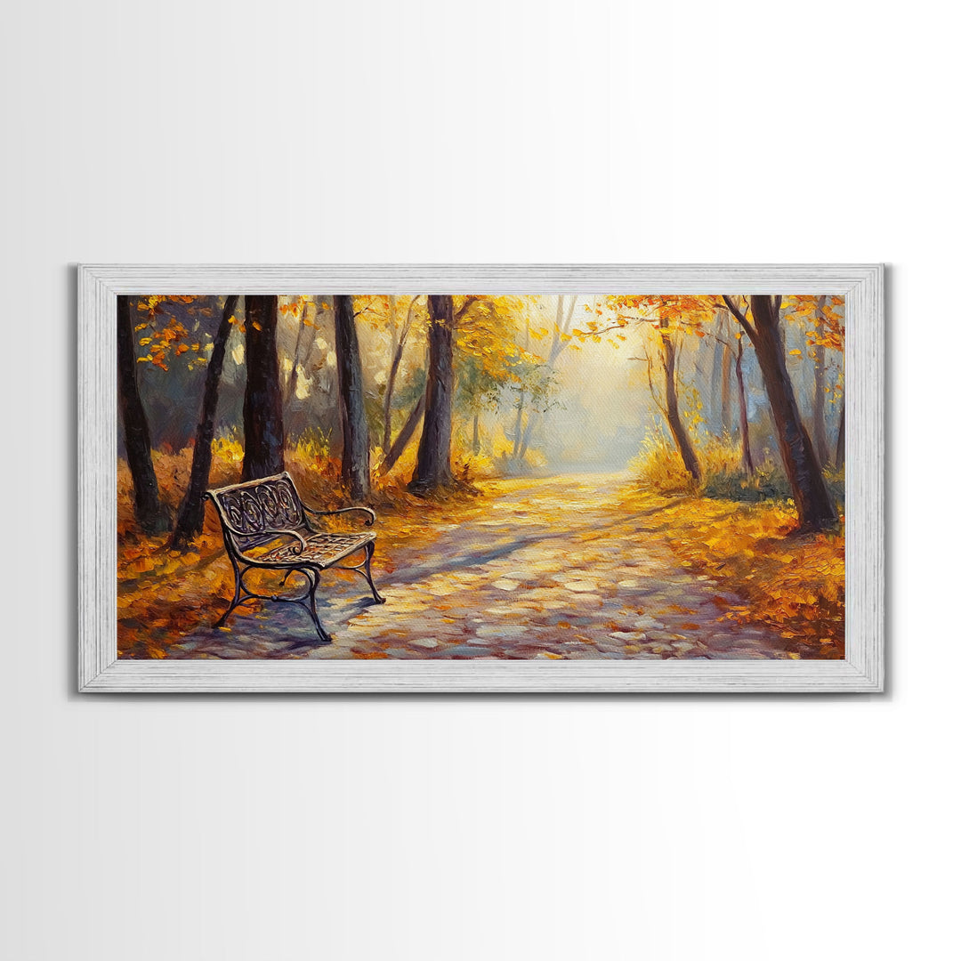 Autumn Path Bench Framed Canvas Print, Serene Fall Landscape Wall Art, Cozy Farmhouse Decor, Seasonal Wall Art Gift Idea