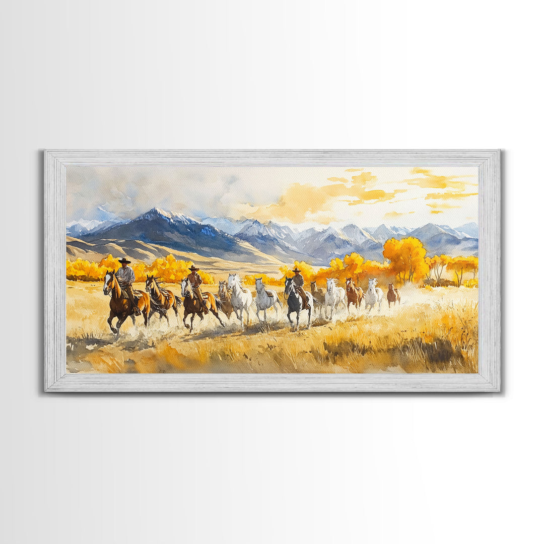 Western Cowboy Horse Drive Framed Canvas Print, Autumn Mountain Landscape with Riders and Horses in Golden Fall Light Wall Art