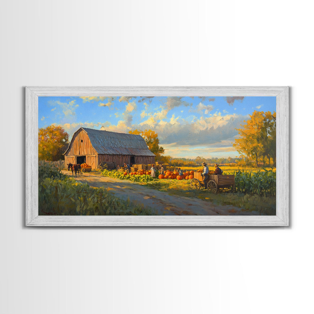 Picturesque Autumn Barn Harvest Scene Framed Canvas Print Farmhouse Art, Fall Harvest Scene Art Print, Rustic Wall Decor for Fall Season