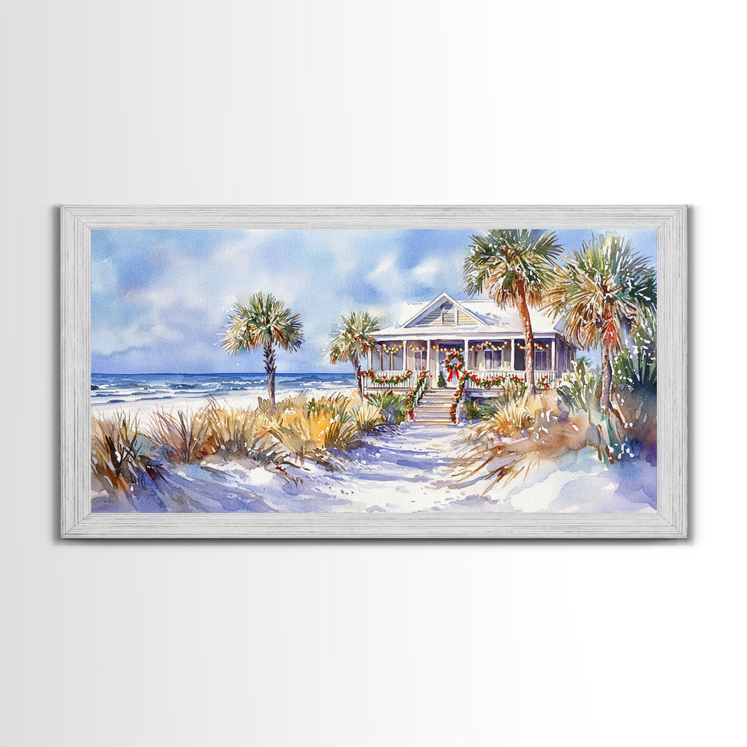 Snowy tropical Christmas decor scene, Framed Canvas Print beach house wreath and holiday lights, winter coastal home decor Christmas art