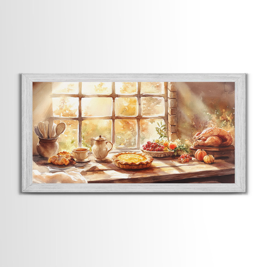 Thanksgiving table scene with food, pies and fall decor, Framed Canvas Print with pumpkins sunlight, autumn harvest home wall art and decor