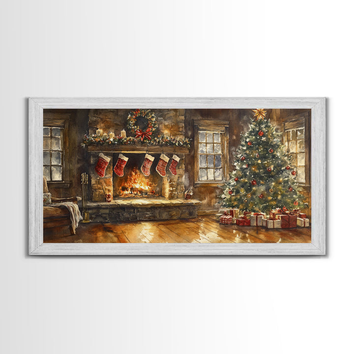 Cozy Christmas living room with stockings, Christmas tree, and fireplace, Framed Canvas Print for holiday wall art vintage Christmas decor