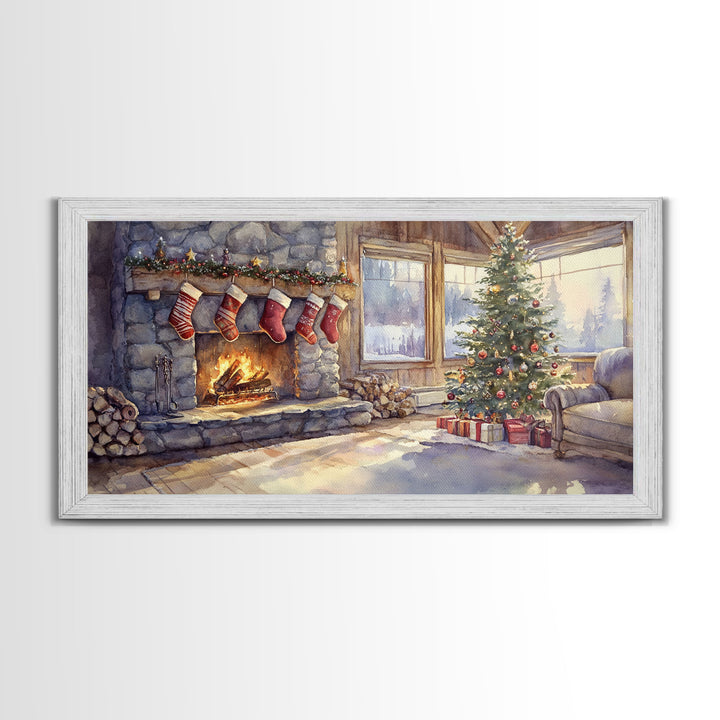 Snowy cabin lake scene at dusk with Christmas lights, Framed Canvas Print with a warm cabin glow, for winter wall art Christmas home decor