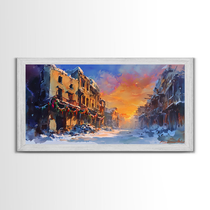 Snowy abandoned street at sunset with festive garland, framed canvas print, moody landscape Christmas or holiday decor