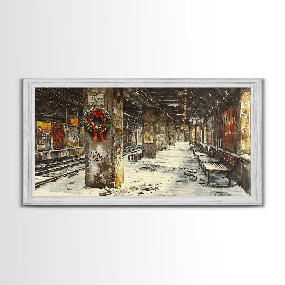 Underground subway station winter scene framed canvas print, snowy platform with festive wreath and urban decay, Christmas display