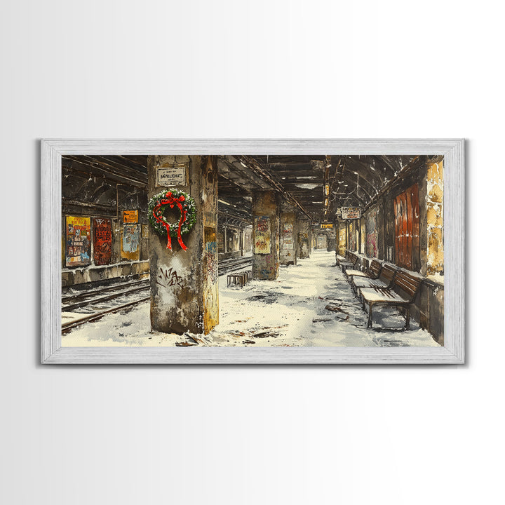 Underground subway station winter scene framed canvas print, snowy platform with festive wreath and urban decay, Christmas display