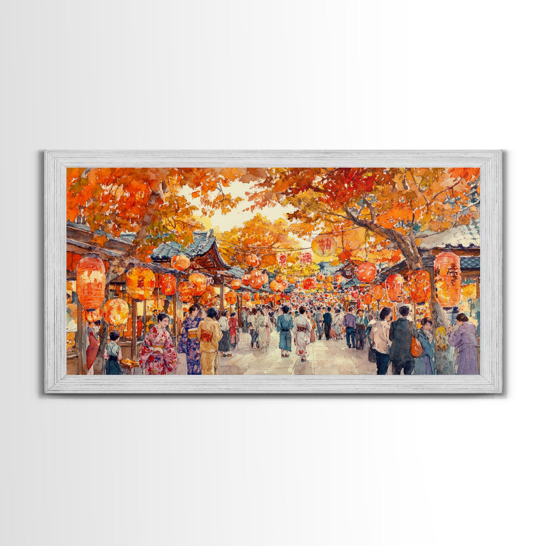 Vibrant fall market street scene with lanterns and people, framed canvas print, perfect autumn or fall festival decor wall art