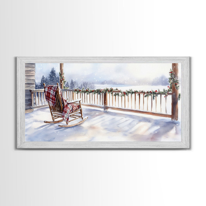 Snowy porch with rocking chair and plaid blanket, framed canvas print, Christmas decor perfect rustic holiday winter wall art