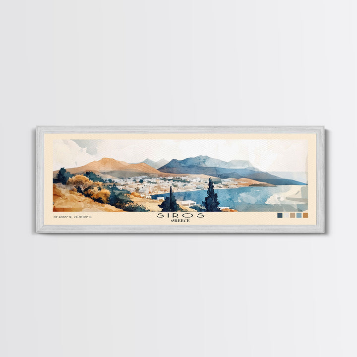 Siros, Greece Watercolor Print, Vacation Gift, Greece Wall Art, Beach Painting, Beach Decor, Large Wall Art, Wood Frame Art