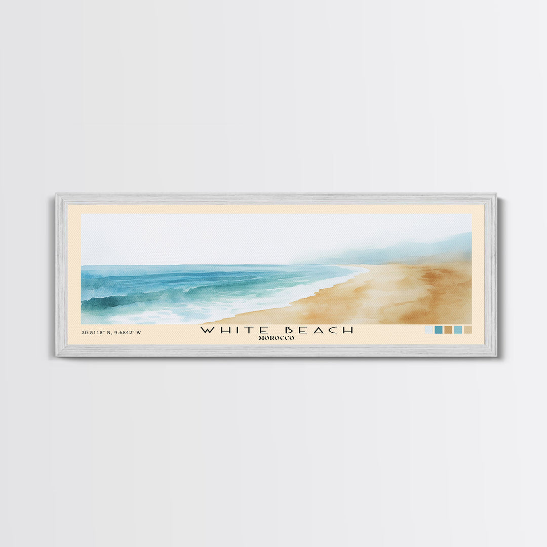 White Beach, Morocco Watercolor Beach Print, Vacation Gift, Morocco Wall Art, Framed Canvas Print, Framed Beach Painting