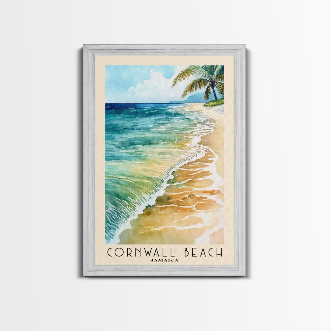 Cornwall Beach, Jamaica Watercolor Beach Print, Vacation Gift, Jamaica Wall Art, Framed Canvas Print, Framed Beach Painting