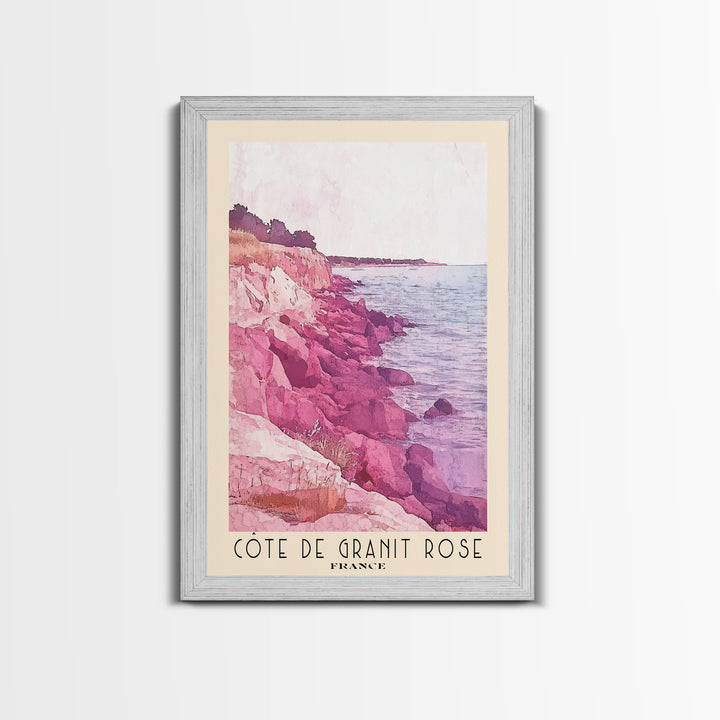 Côte de Granit Rose, France Watercolor Beach Print, Vacation Gift, France Wall Art, Framed Canvas Print, Framed Beach Painting