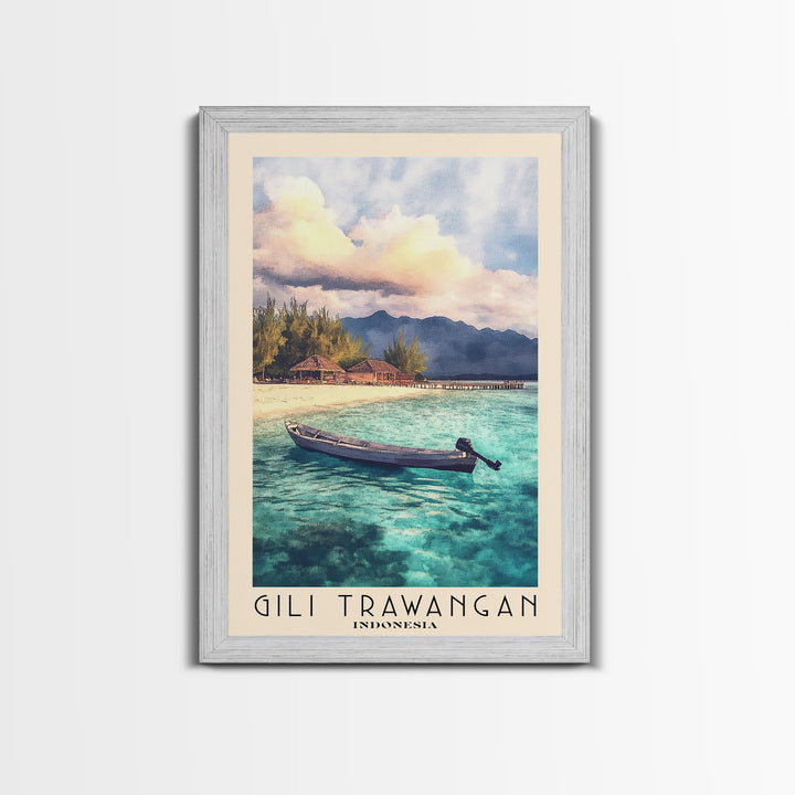 Gili Trawangan, Indonesia Watercolor Beach Print, Vacation Gift, Indonesia Wall Art, Framed Canvas Print, Framed Beach Painting