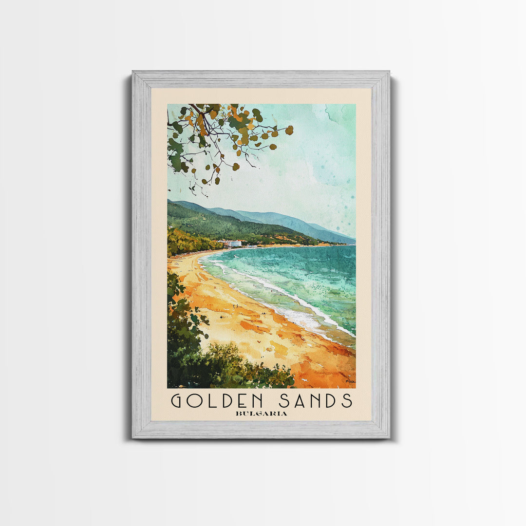 Golden Sands, Bulgaria Watercolor Beach Print, Vacation Gift, Bulgaria Wall Art, Framed Canvas Print, Framed Beach Painting