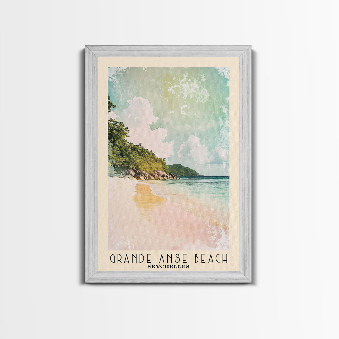 Grande Anse Beach, Seychelles Watercolor Print, Vacation Gift, Seychelles Wall Art, Beach Painting, Beach Decor, Large Wall Art, Wood Frame Art