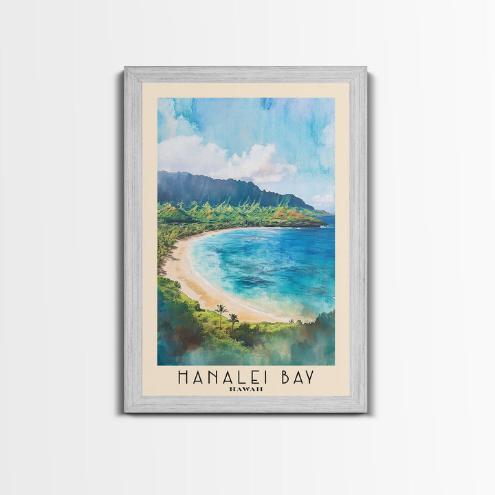 Hanalei Bay, Hawaii Watercolor Beach Print, Vacation Gift, Hawaii Wall Art, Framed Canvas Print, Framed Beach Painting