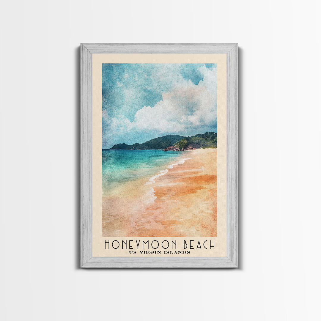 Honeymoon Beach, US Virgin islands Watercolor Beach Print, Vacation Gift, US Virgin islands Wall Art, Framed Canvas Print, Framed Beach Painting