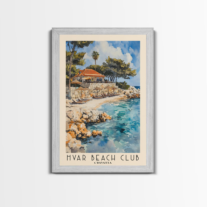 Hvar Beach Club, Croatia Watercolor Print, Vacation Gift, Croatia Wall Art, Beach Painting, Beach Decor, Large Wall Art, Wood Frame Art