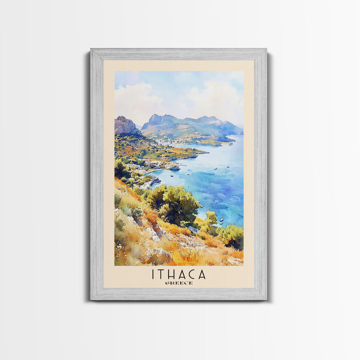 Ithaca, Greece Watercolor Print, Vacation Gift, Greece Wall Art, Beach Painting, Beach Decor, Large Wall Art, Wood Frame Art