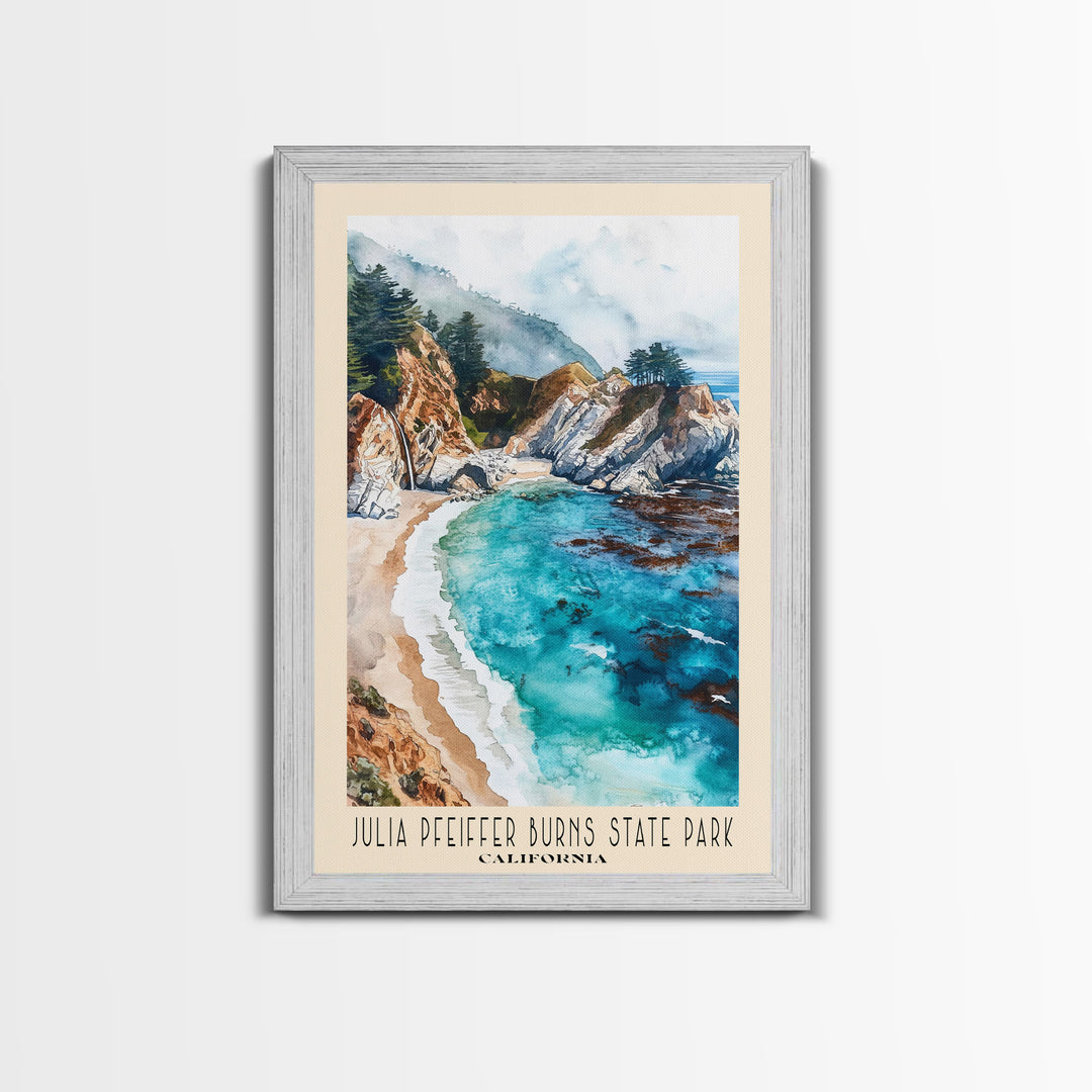 Julia Pfeiffer Burns State Park, California Watercolor Beach Print, Vacation Gift, California Wall Art, Framed Canvas Print, Framed Beach Painting