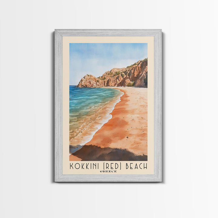 Kokkini (Red) Beach, Greece Watercolor Beach Print, Vacation Gift, Greece Wall Art, Framed Canvas Print, Framed Beach Painting