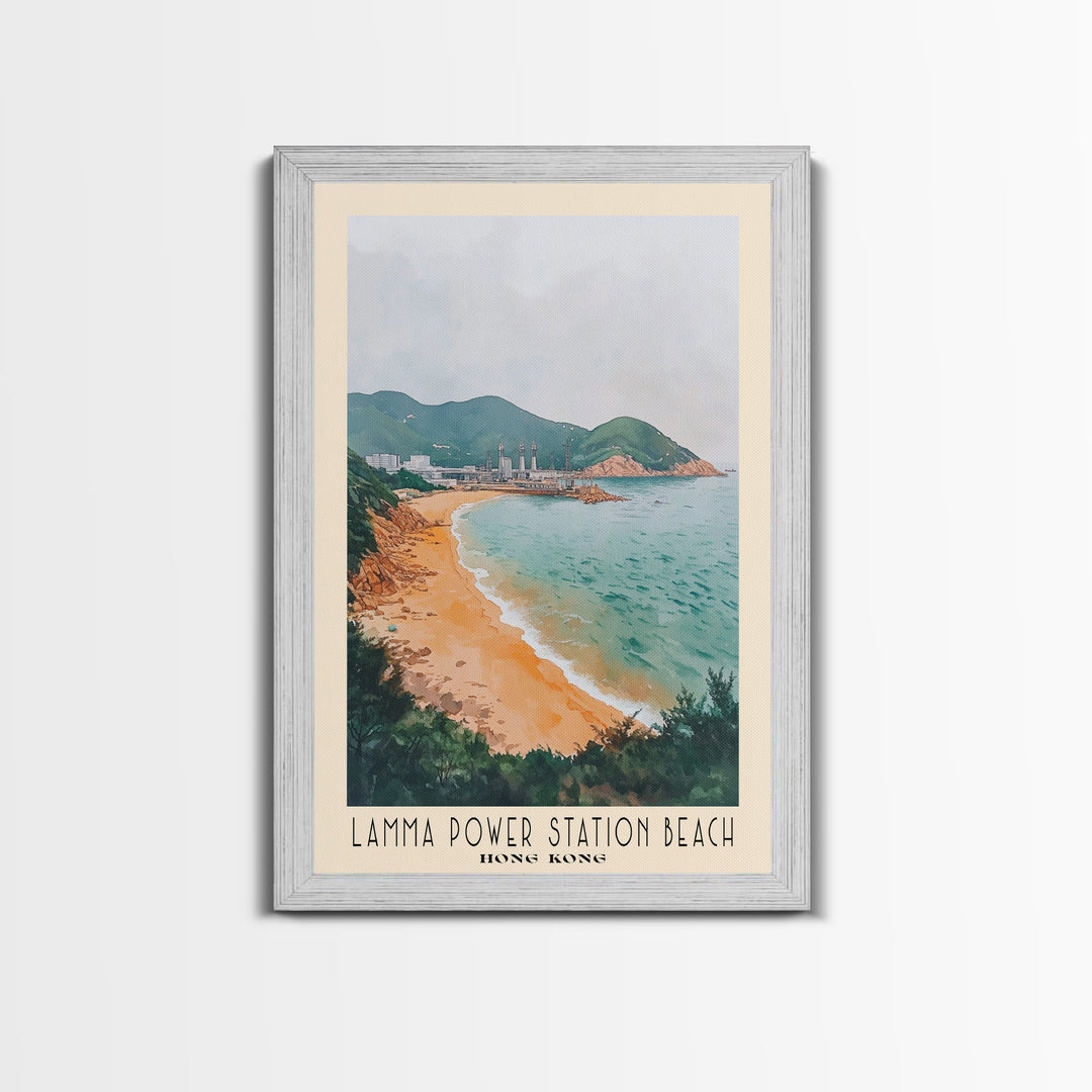 Lamma Power Station Beach, Hong Kong Watercolor Beach Print, Vacation Gift, Hong Kong Wall Art, Framed Canvas Print, Framed Beach Painting