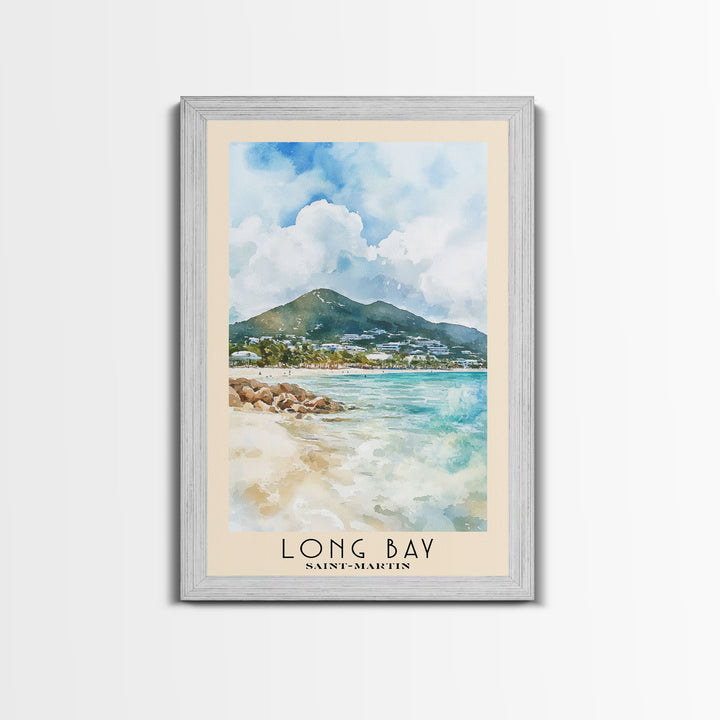 Long Bay, Saint-Martin Watercolor Print, Vacation Gift, Saint-Martin Wall Art, Beach Painting, Beach Decor, Large Wall Art, Wood Frame Art