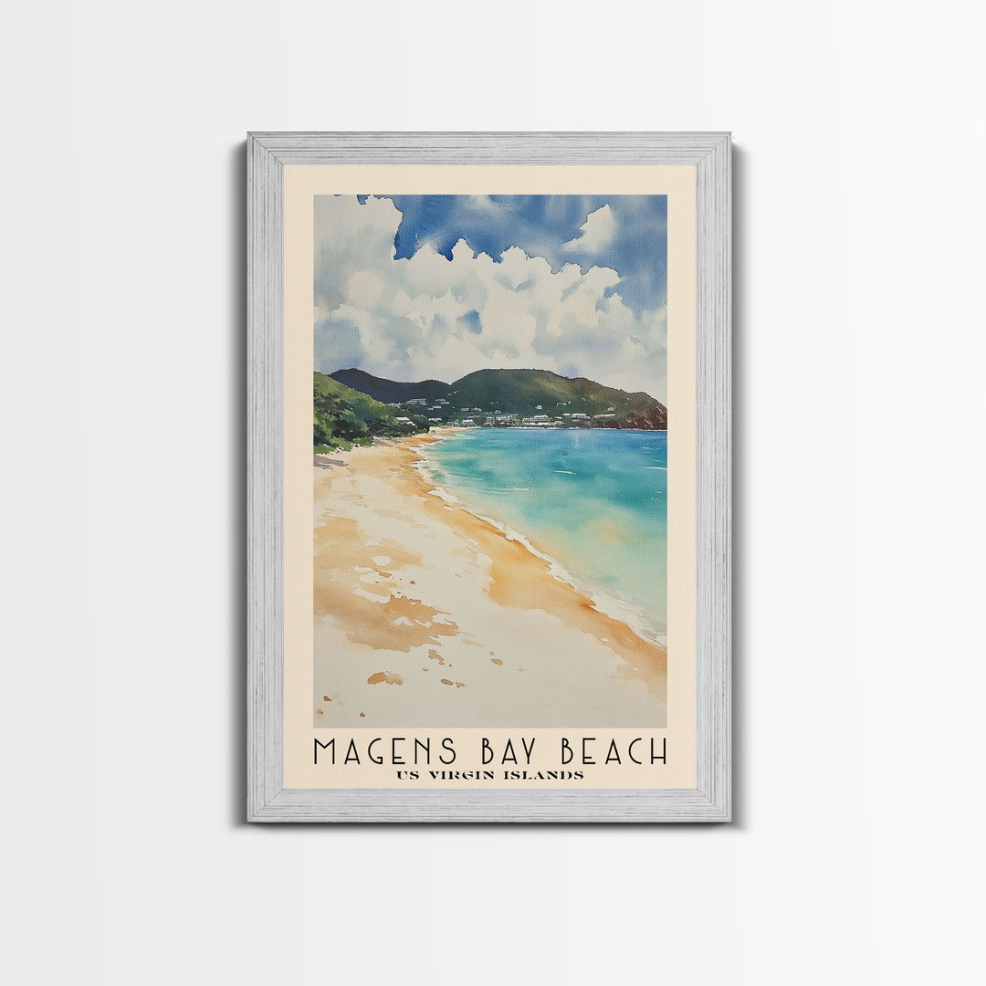 Magens Bay Beach, US Virgin islands Watercolor Beach Print, Vacation Gift, US Virgin islands Wall Art, Framed Canvas Print, Framed Beach Painting