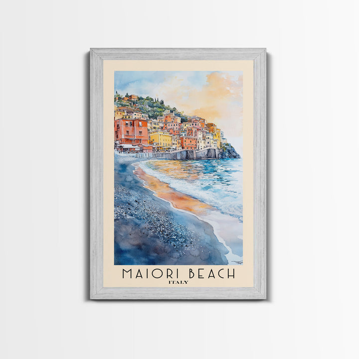 Maiori Beach, Italy Watercolor Print, Vacation Gift, Italy Wall Art, Beach Painting, Beach Decor, Large Wall Art, Wood Frame Art